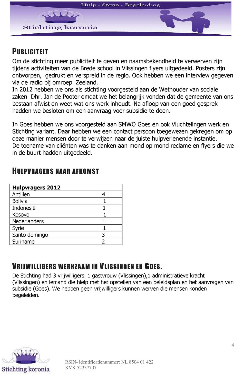 In 2012 hebben we ons als stichting voorgesteld aan de Wethouder van sociale zaken Dhr.