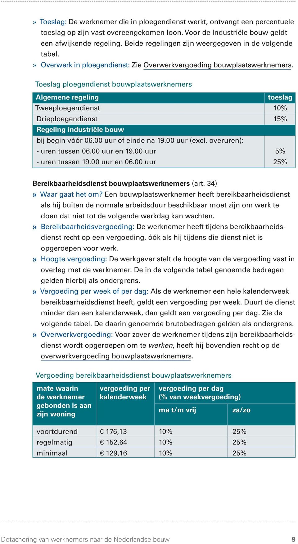 Toeslag ploegendienst bouwplaatswerknemers Algemene regeling toeslag Tweeploegendienst 10% Drieploegendienst 15% Regeling industriële bouw bij begin vóór 06.00 uur of einde na 19.00 uur (excl.