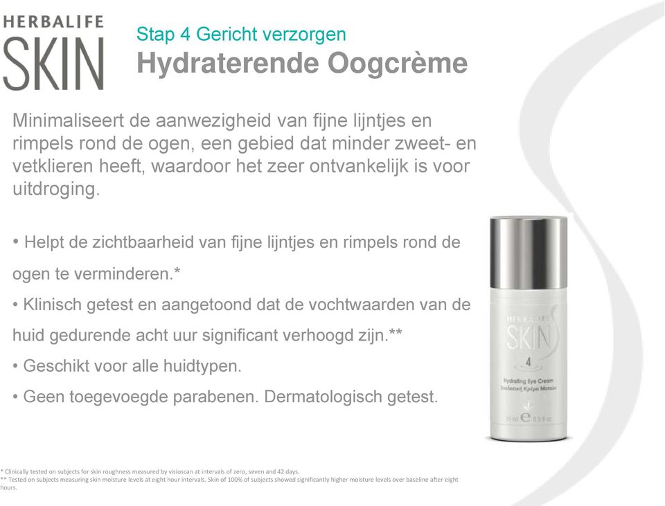 * Klinisch getest en aangetoond dat de vochtwaarden van de huid gedurende acht uur significant verhoogd zijn.** Geschikt voor alle huidtypen. Geen toegevoegde parabenen. Dermatologisch getest.