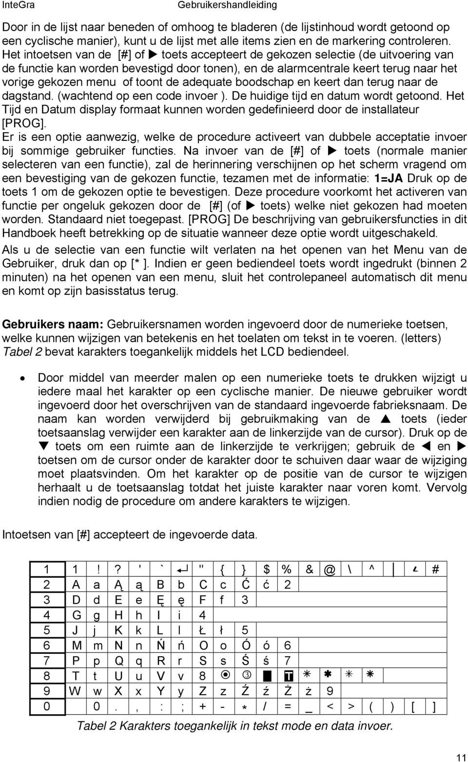 Het intoetsen van de [#] of toets accepteert de gekozen selectie (de uitvoering van de functie kan worden bevestigd door tonen), en de alarmcentrale keert terug naar het vorige gekozen menu of toont