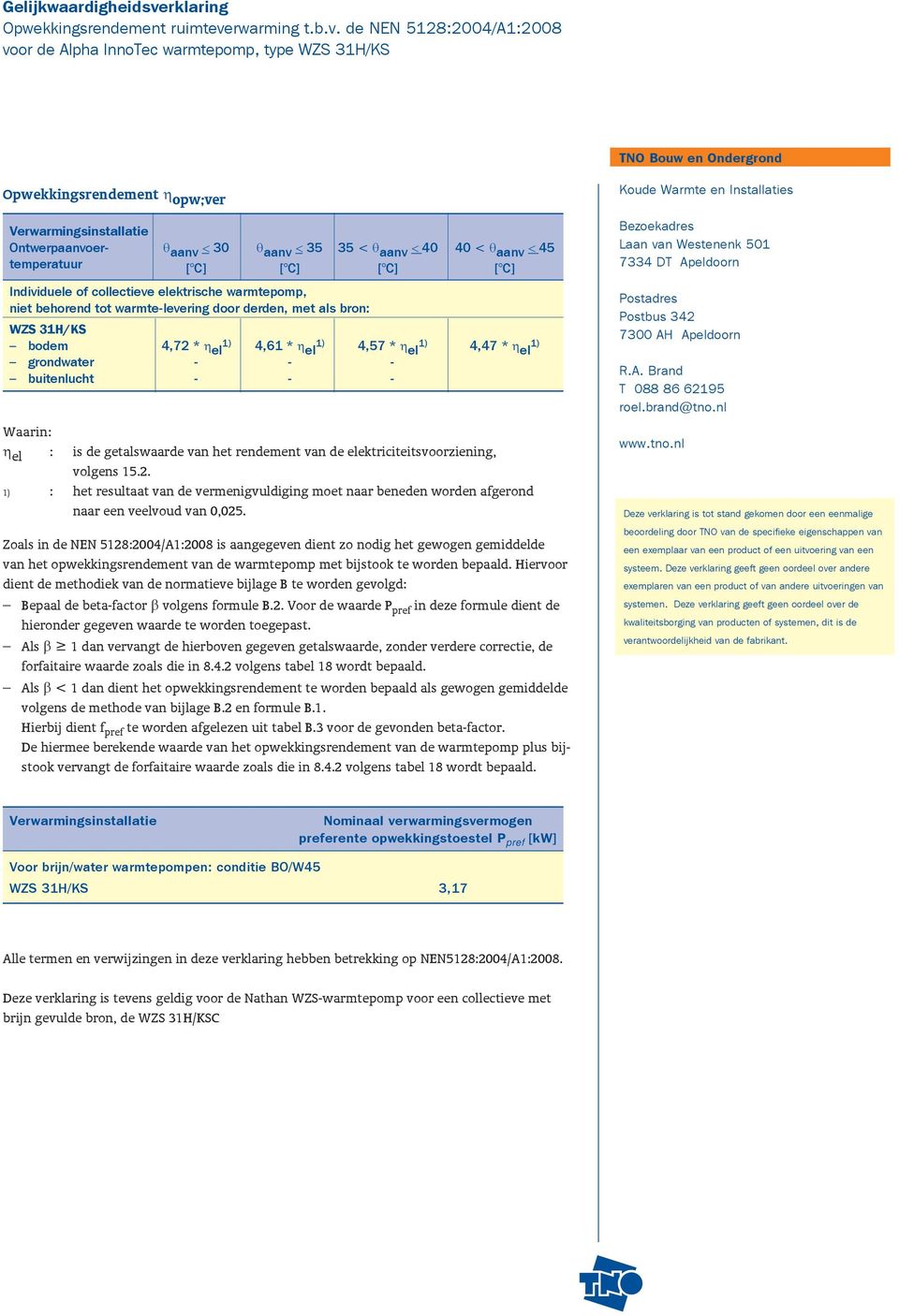 de NEN 5128:2004/A1:2008 voor de Alpha InnoTec warmtepomp, type WZS 31H/KS TNO Bouw en Ondergrond Opwekkingsrendement η opw;ver Ontwerpaanvoer- θ aanv < 30 θ aanv < 35 35 < θ aanv < 40 40 < θ aanv <