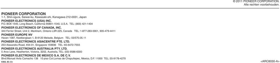 340 Ferrier Street, Unit 2, Markham, Ontario L3R 2Z5, Canada TEL: 1-877-283-5901, 905-479-4411 PIONEER EUROPE NV Haven 1087, Keetberglaan 1, B-9120 Melsele, Belgium TEL: 03/570.05.11 PIONEER ELECTRONICS ASIACENTRE PTE.