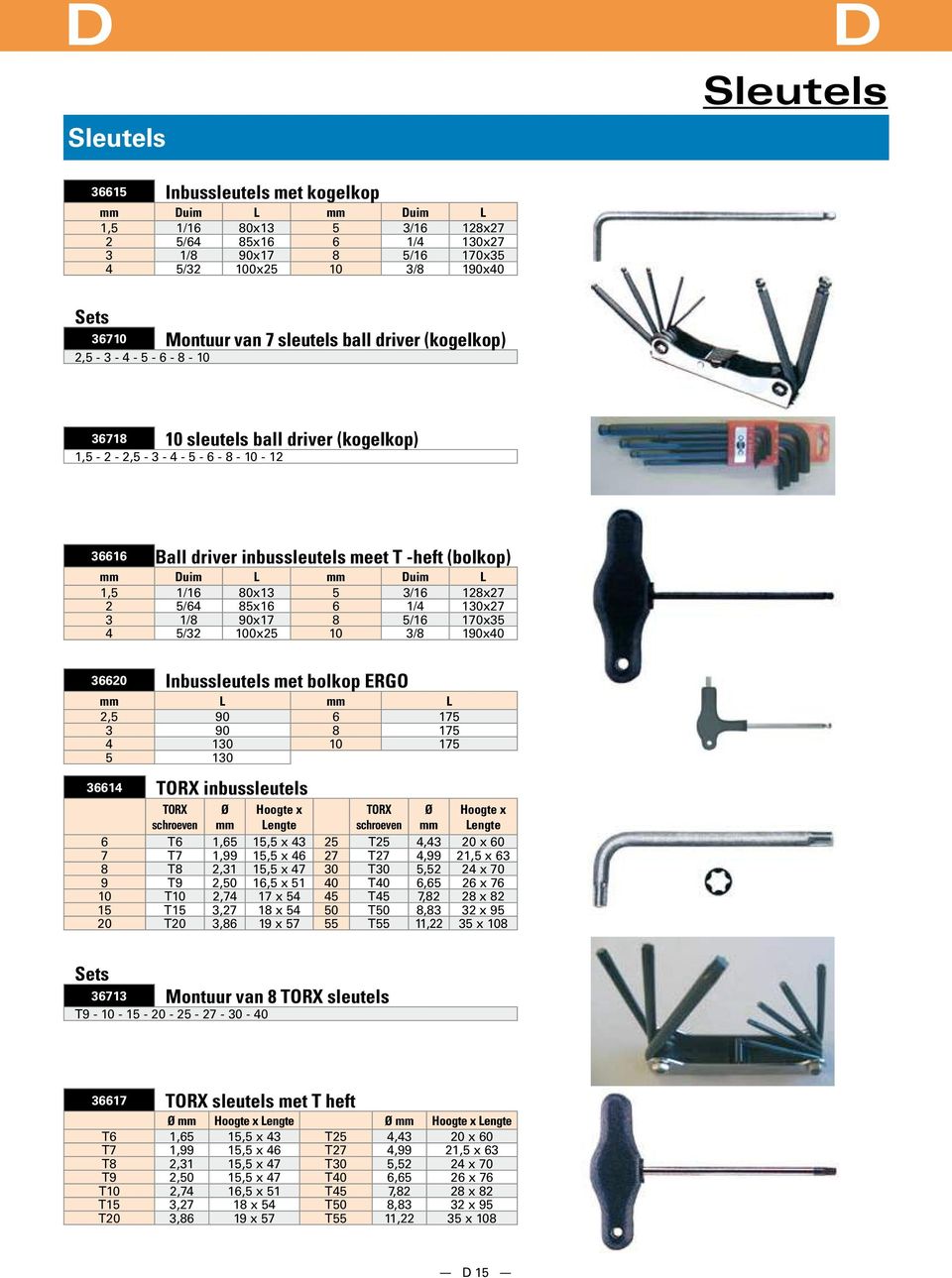 mm uim L 1,5 1/16 80x13 5 3/16 128x27 2 5/64 85x16 6 1/4 130x27 3 1/8 90x17 8 5/16 170x35 4 5/32 100x25 10 3/8 190x40 36620 Inbussleutels met bolkop ERGO mm L mm L 2,5 90 6 175 3 90 8 175 4 130 10
