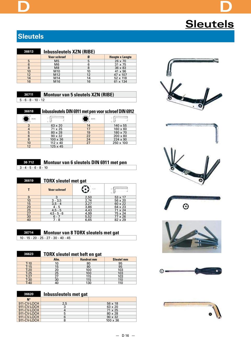 80 8 100 x 36 24 224 x 90 10 112 x 40 27 250 x 100 12 125 x 45 36 712 Montuur van 6 sleutels IN 6911 met pen 3-4 - 5-6 - 8-10 36619 TORX sleutel met gat T Voor schroef 9 3 2,50 53 x 17 10 3-3,5 2,74
