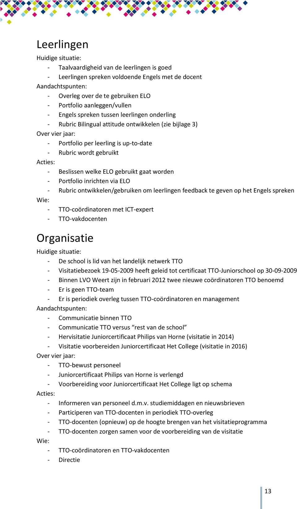 Beslissen welke ELO gebruikt gaat worden - Portfolio inrichten via ELO - Rubric ontwikkelen/gebruiken om leerlingen feedback te geven op het Engels spreken - TTO-coördinatoren met ICT-expert -