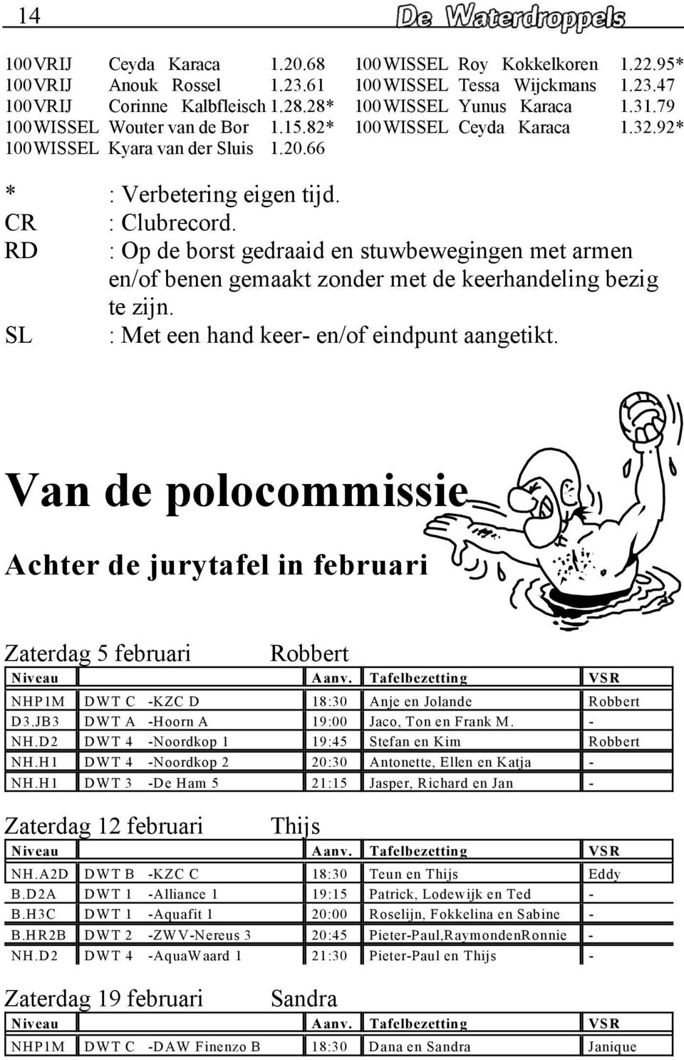 RD : Op de borst gedraaid en stuwbewegingen met armen en/of benen gemaakt zonder met de keerhandeling bezig te zijn. SL : Met één hand keer- en/of eindpunt aangetikt.