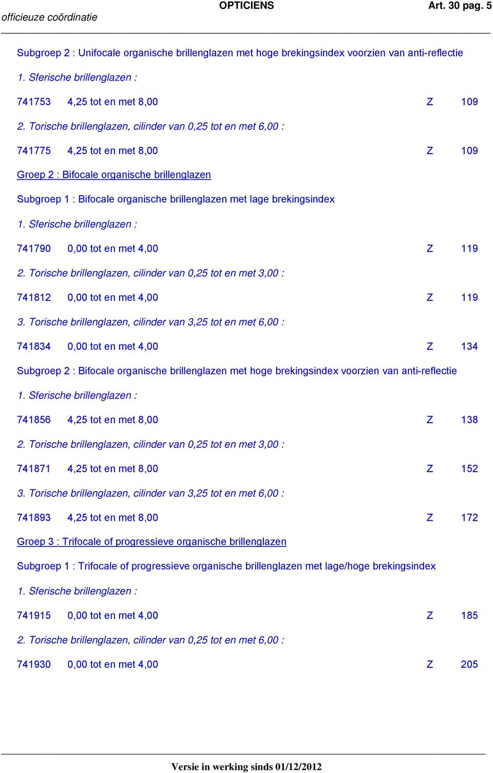 brillenglazen Subgroep 1 : Bifocale organische brillenglazen met lage brekingsindex 741790 0,00 tot en met 4,00 Z 119 2.