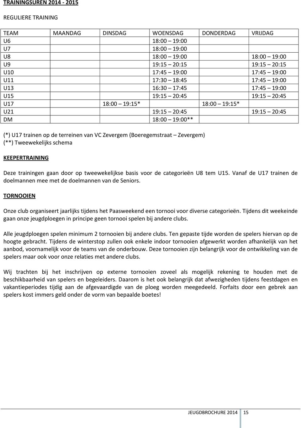 van VC Zevergem (Boeregemstraat Zevergem) (**) Tweewekelijks schema KEEPERTRAINING Deze trainingen gaan door op tweewekelijkse basis voor de categorieën U8 tem U15.