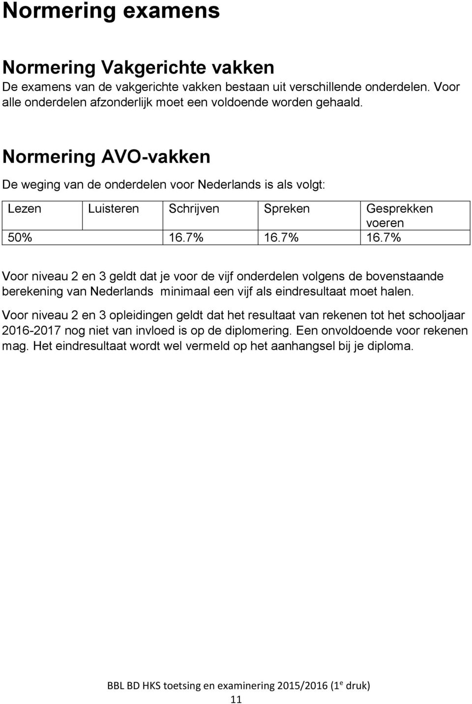 Normering AVO-vakken De weging van de onderdelen voor Nederlands is als volgt: Lezen Luisteren Schrijven Spreken Gesprekken voeren 50% 16.7% 16.