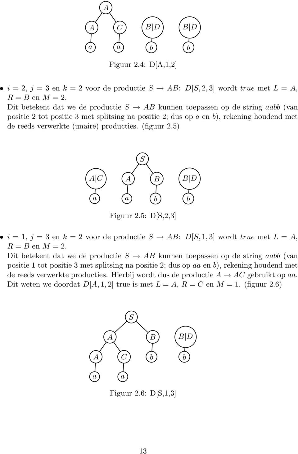 (figuur 2.5) S A C A B B D Figuur 2.5: D[S,2,3] i = 1, j = 3 en k = 2 voor de productie S AB: D[S, 1, 3] wordt true met L = A, R = B en M = 2.