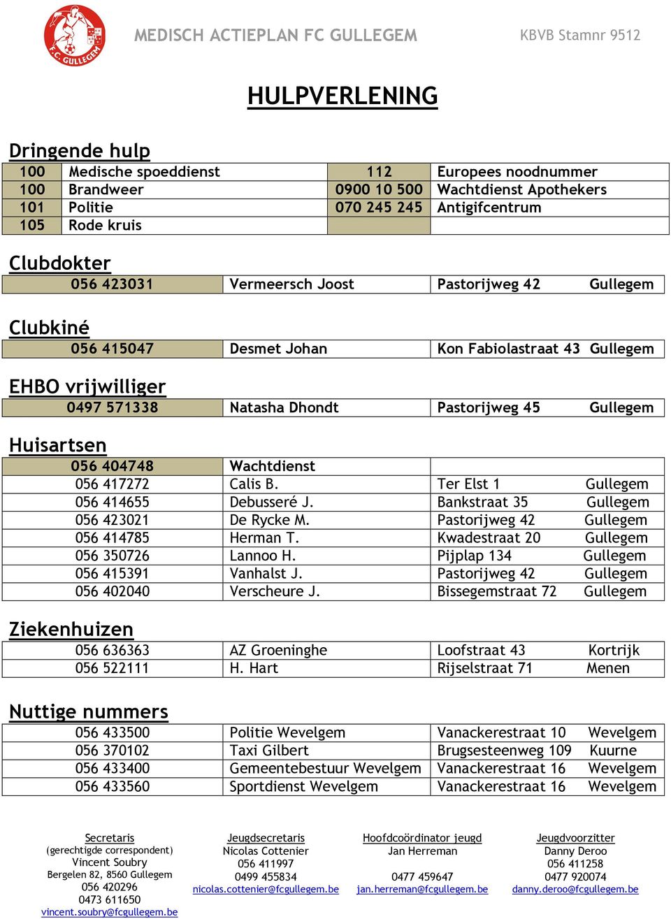 Dhondt Pastorijweg 45 Gullegem Huisartsen 056 404748 Wachtdienst 056 417272 Calis B. Ter Elst 1 Gullegem 056 414655 Debusseré J. Bankstraat 35 Gullegem 056 423021 De Rycke M.