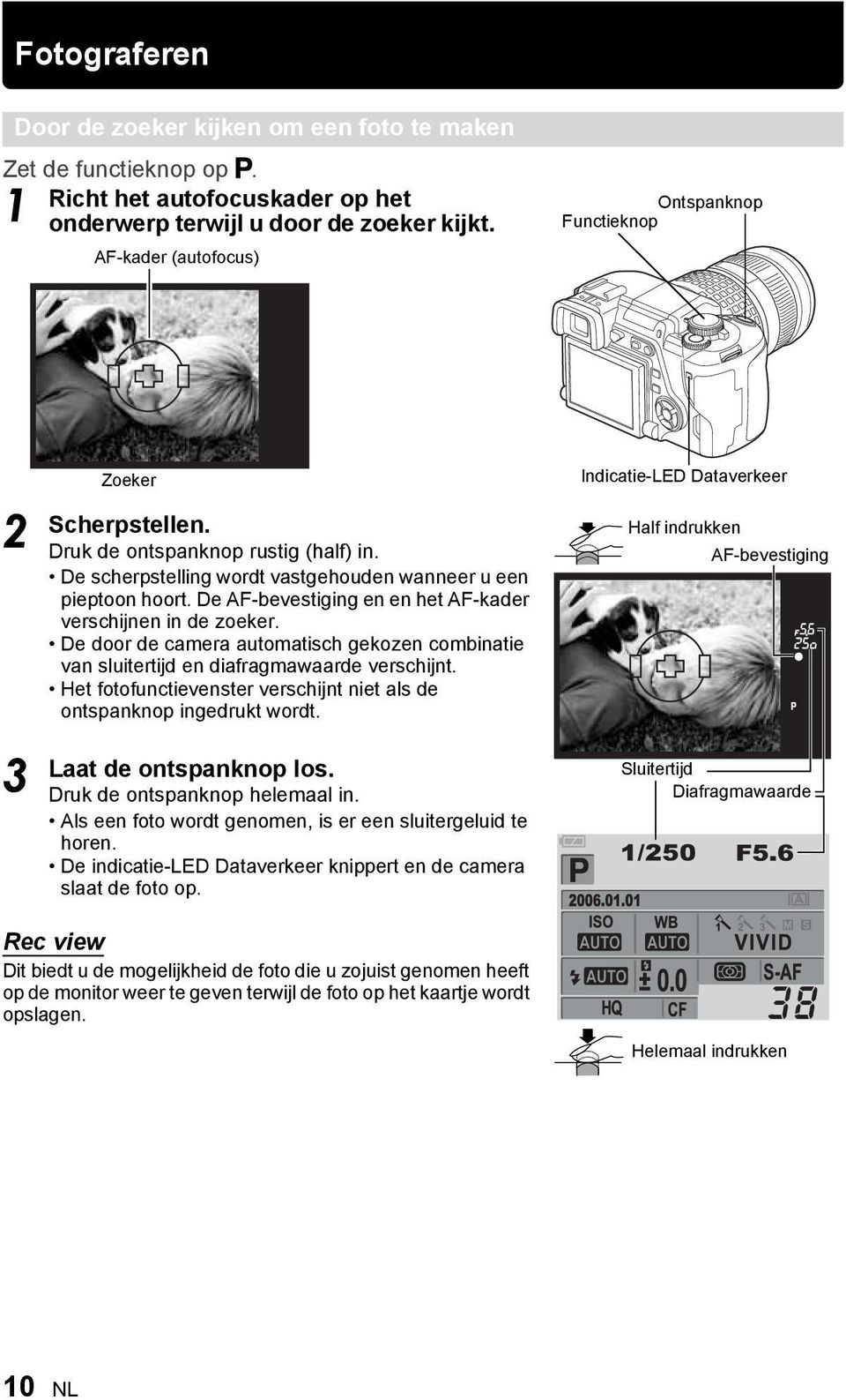 De AF-bevestiging en en het AF-kader verschijnen in de zoeker. De door de camera automatisch gekozen combinatie van sluitertijd en diafragmawaarde verschijnt.