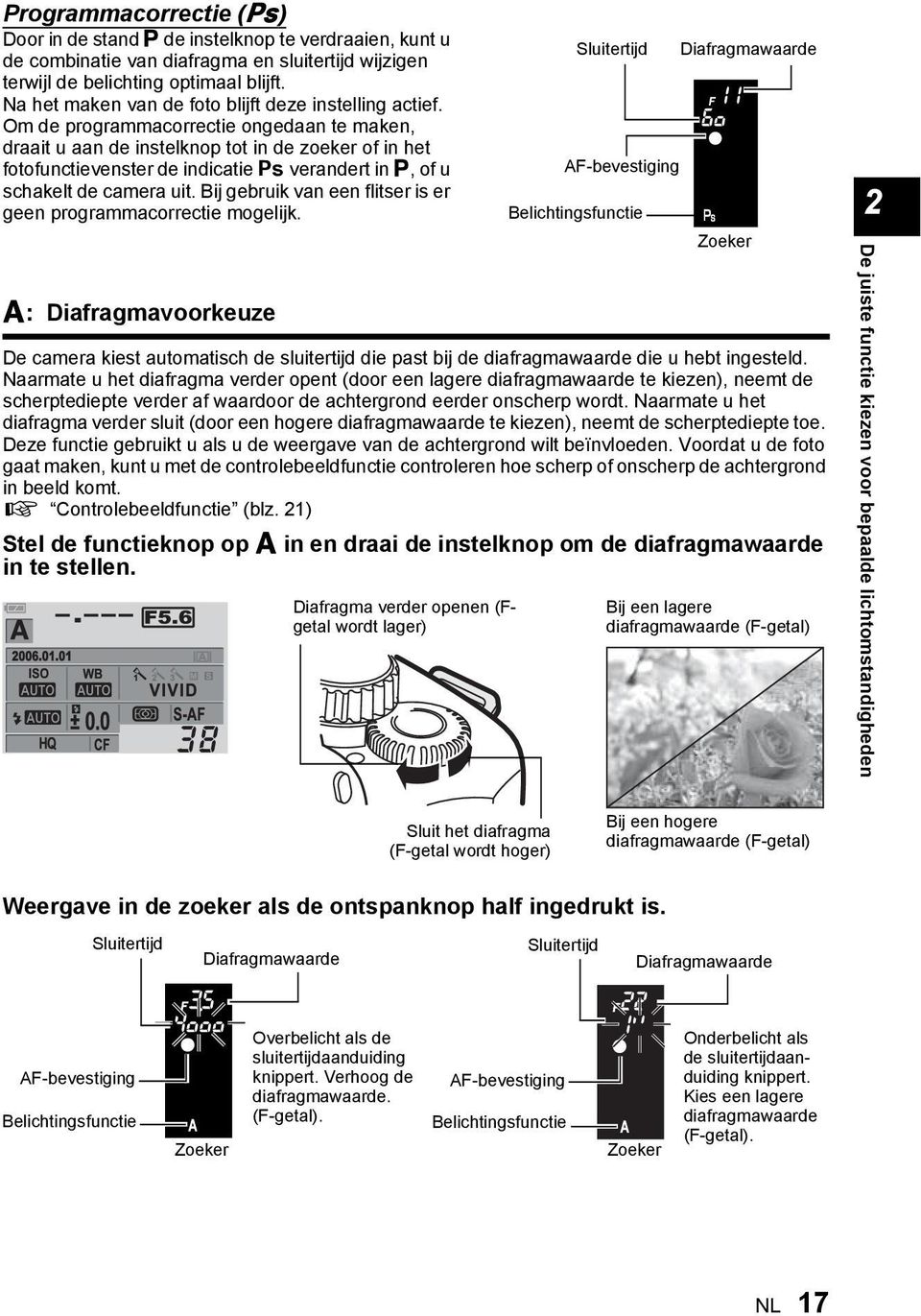 Om de programmacorrectie ongedaan te maken, draait u aan de instelknop tot in de zoeker of in het fotofunctievenster de indicatie % verandert in P, of u schakelt de camera uit.