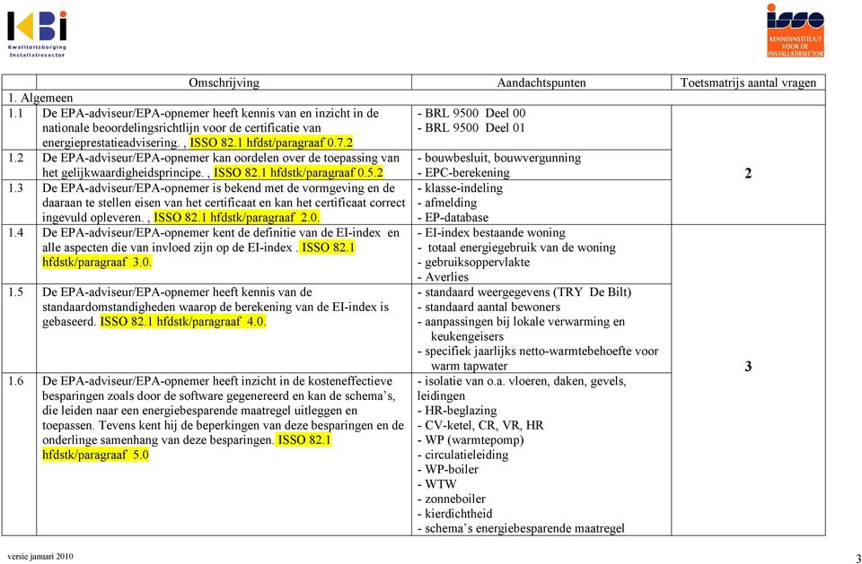 , ISSO 82. hfdstk/paragraaf 2.0.. De EPA-adviseur/EPA-opnemer kent de definitie van de EI-index en alle aspecten die van invloed zijn op de EI-index. ISSO 82. hfdstk/paragraaf 3.0..5 De EPA-adviseur/EPA-opnemer heeft kennis van de standaardomstandigheden waarop de berekening van de EI-index is gebaseerd.