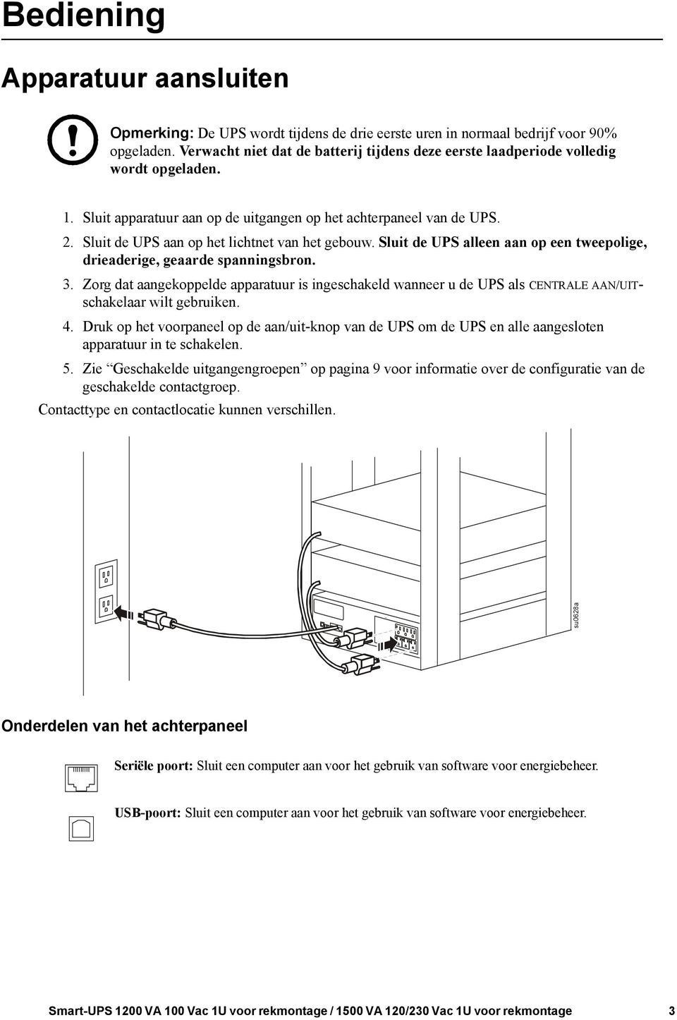 Sluit de UPS aan op het lichtnet van het gebouw. Sluit de UPS alleen aan op een tweepolige, drieaderige, geaarde spanningsbron. 3.