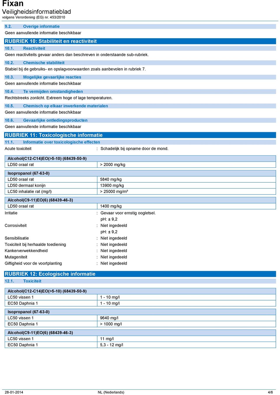 Gevaarlijke ontledingsproducten RUBRIEK 11: Toxicologische informatie 11.1. Informatie over toxicologische effecten Acute toxiciteit : Schadelijk bij opname door de mond.