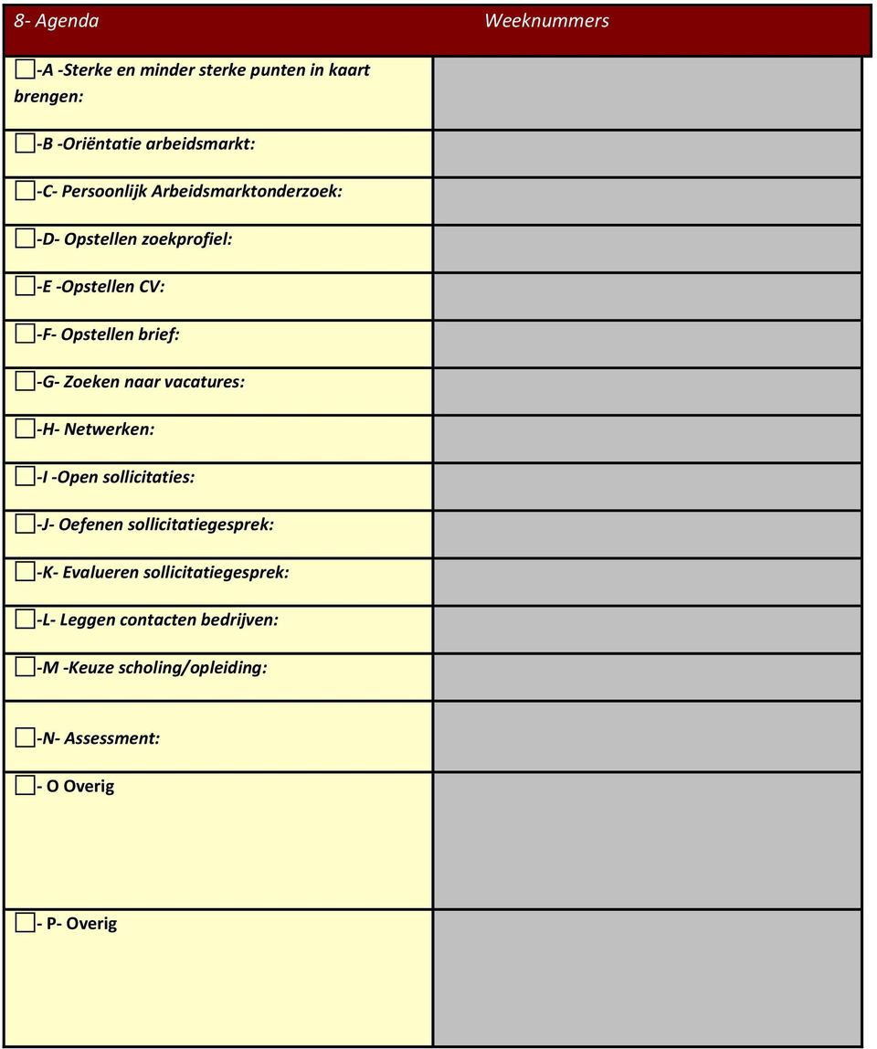 Zoeken naar vacatures: -H- Netwerken: -I -Open sollicitaties: -J- Oefenen sollicitatiegesprek: -K- Evalueren