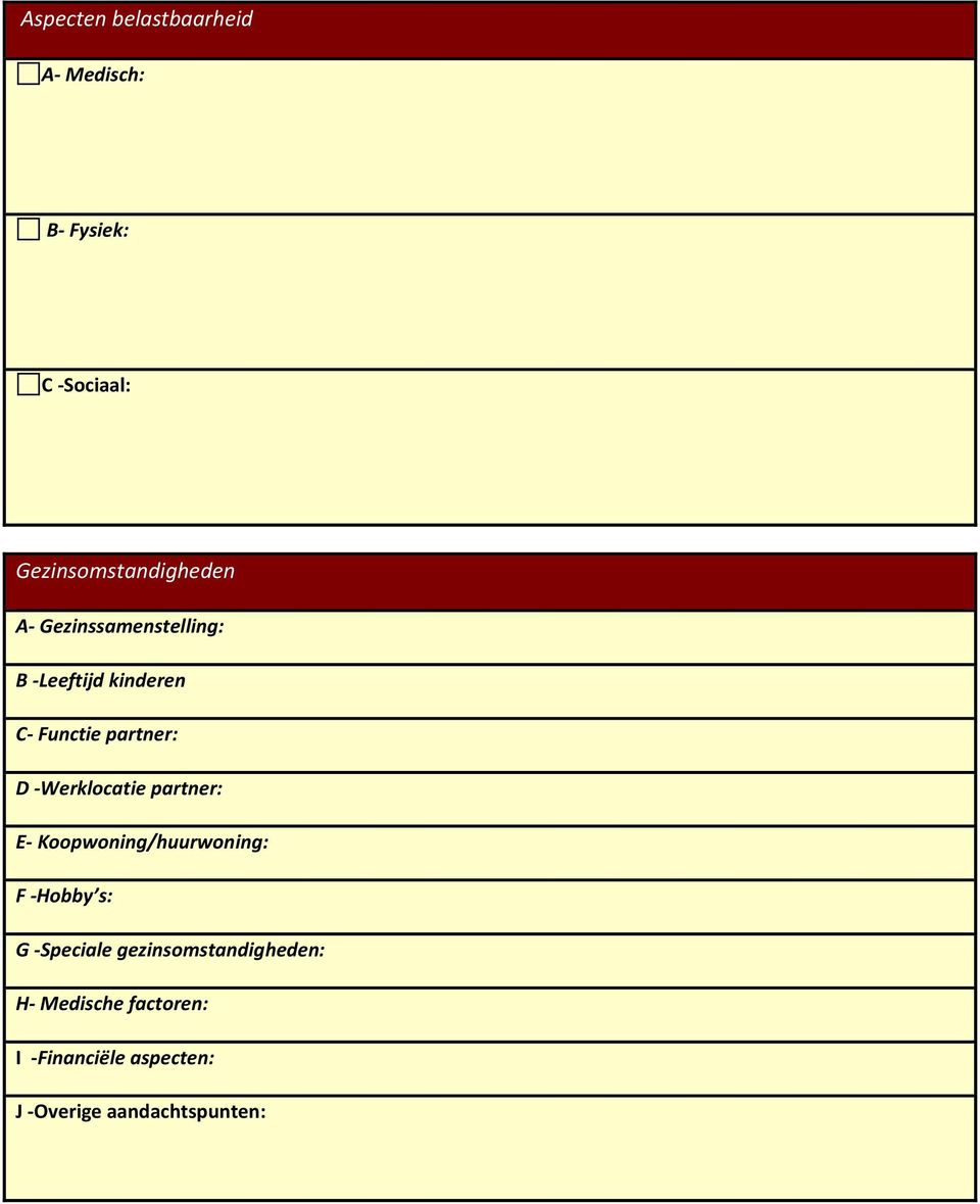 partner: D -Werklocatie partner: E- Koopwoning/huurwoning: F -Hobby s: G