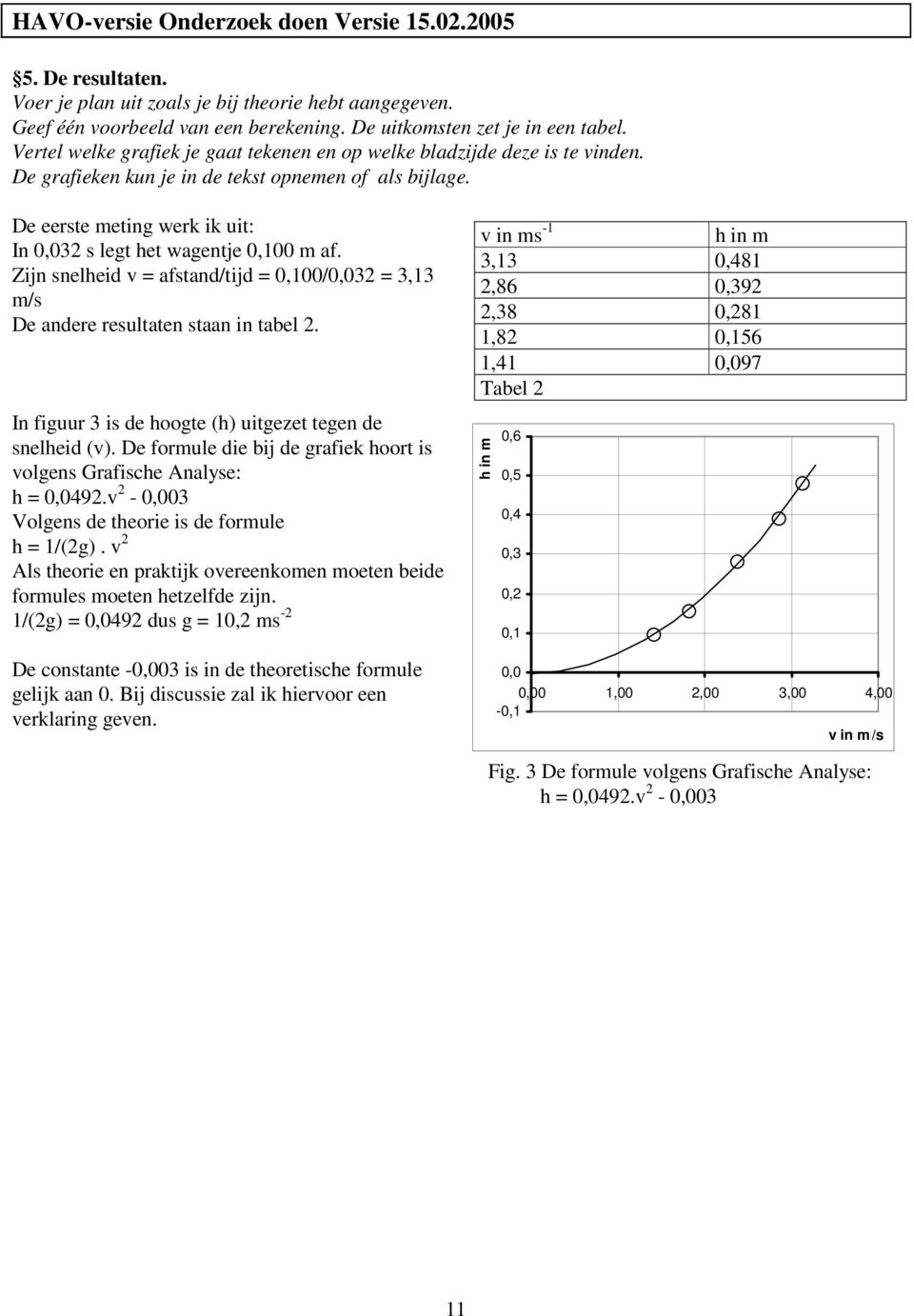 De eerste meting werk ik uit: In 0,032 s legt het wagentje 0,100 m af. Zijn snelheid v = afstand/tijd = 0,100/0,032 = 3,13 m/s De andere resultaten staan in tabel 2.