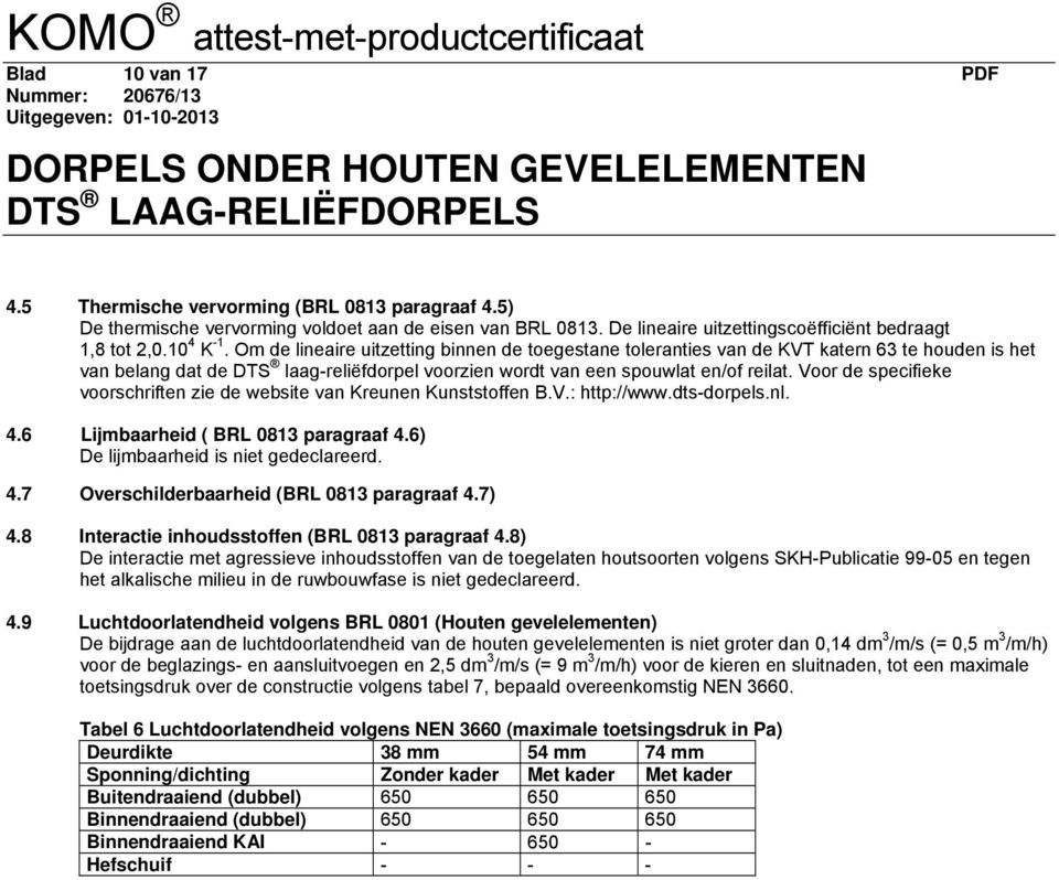 Voor de specifieke voorschriften zie de website van Kreunen Kunststoffen B.V.: http://www.dts-dorpels.nl. 4.6 Lijmbaarheid ( BRL 0813 paragraaf 4.6) De lijmbaarheid is niet gedeclareerd. 4.7 Overschilderbaarheid (BRL 0813 paragraaf 4.