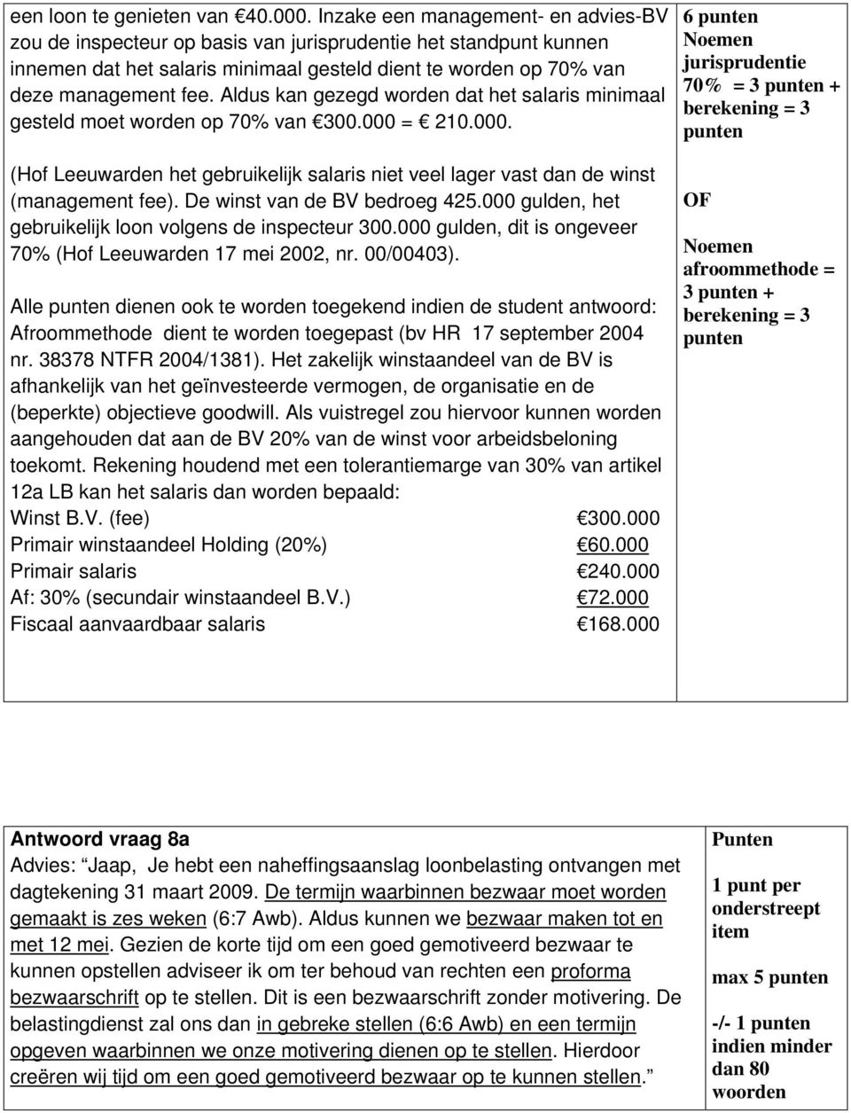 Aldus kan gezegd worden dat het salaris minimaal gesteld moet worden op 70% van 300.000 = 20.000. (Hof Leeuwarden het gebruikelijk salaris niet veel lager vast dan de winst (management fee).