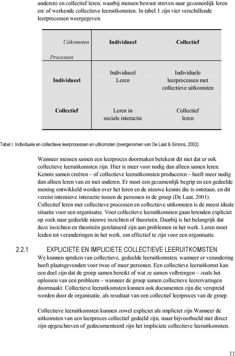 Individuele en collectieve leerprocessen en uitkomsten (overgenomen van De Laat & Simons, 2002).