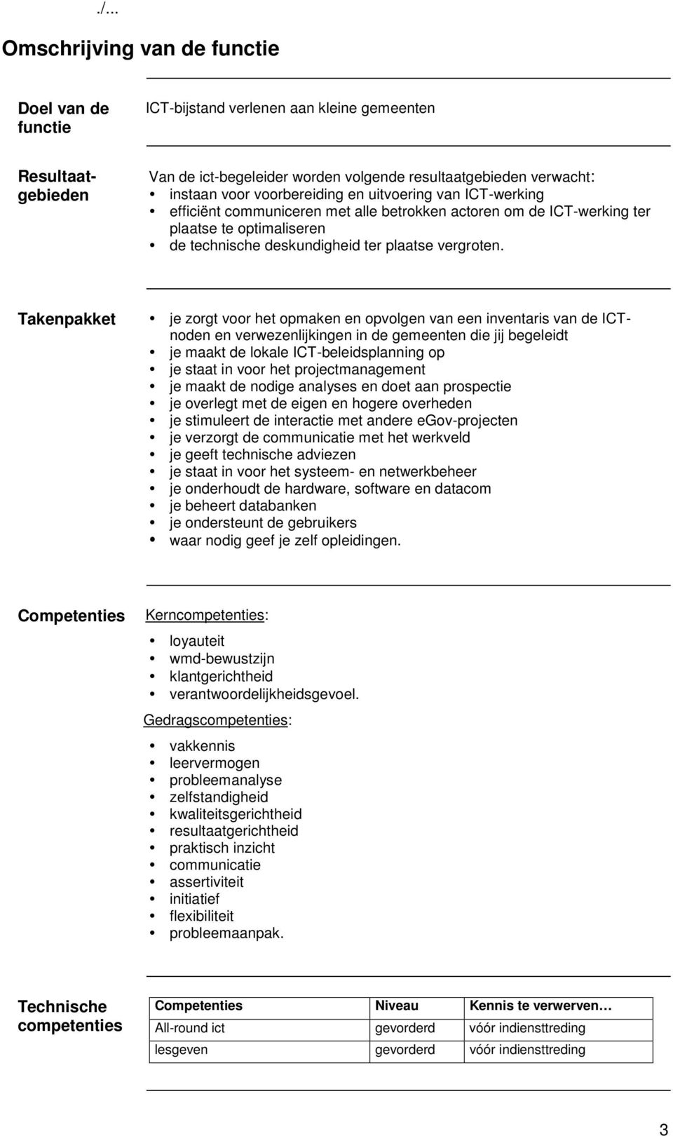 Takenpakket je zorgt voor het opmaken en opvolgen van een inventaris van de ICTnoden en verwezenlijkingen in de gemeenten die jij begeleidt je maakt de lokale ICT-beleidsplanning op je staat in voor