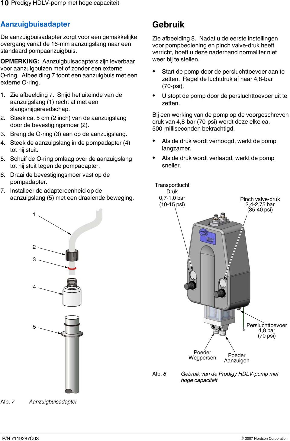 Snijd het uiteinde van de aanzuigslang () recht af met een slangsnijgereedschap. 2. Steek ca. 5 cm (2 inch) van de aanzuigslang door de bevestigingsmoer (2). 3.