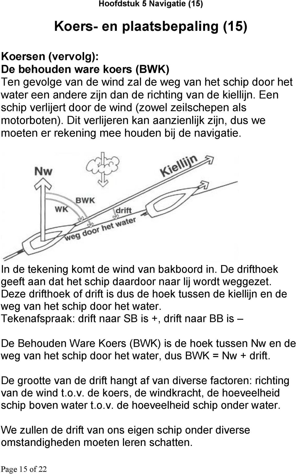 In de tekening komt de wind van bakboord in. De drifthoek geeft aan dat het schip daardoor naar lij wordt weggezet.