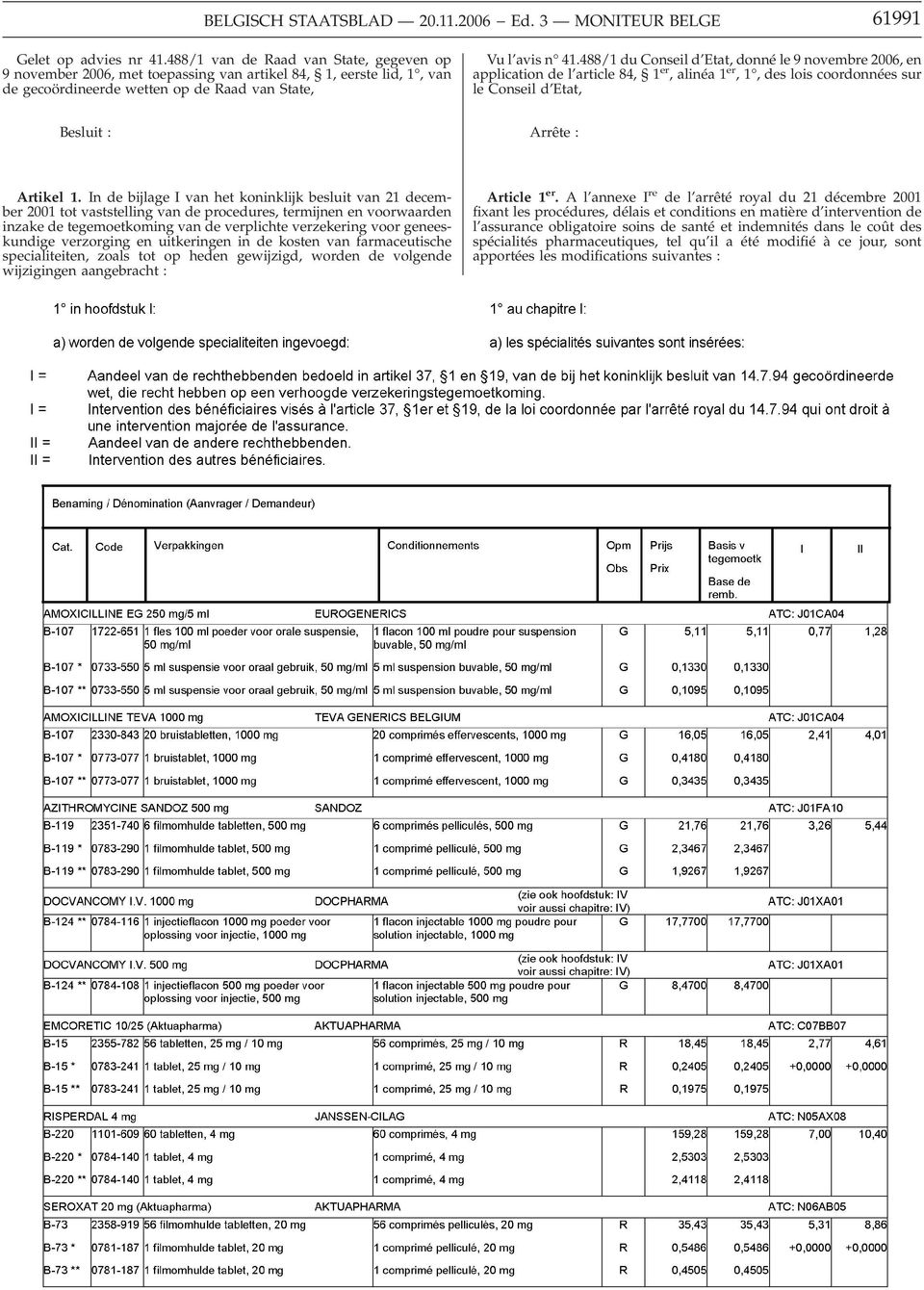 488/1 du Conseil d Etat, donné le 9 novembre 2006, en application de l article 84, 1 er, alinéa 1 er,1, des lois coordonnées sur le Conseil d Etat, Besluit : Arrête : Artikel 1.