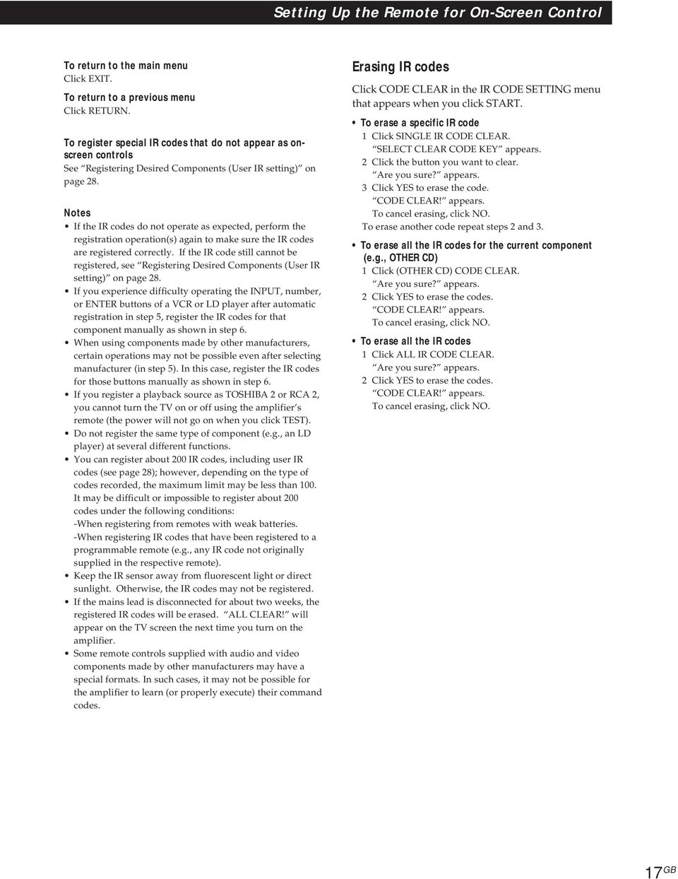 Notes If the IR codes do not operate as expected, perform the registration operation(s) again to make sure the IR codes are registered correctly.