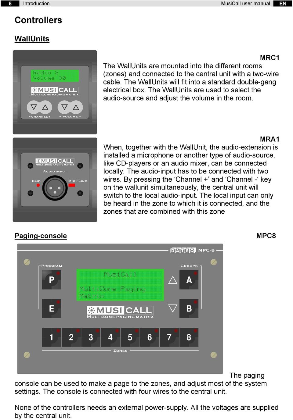 MRA1 When, together with the WallUnit, the audio-extension is installed a microphone or another type of audio-source, like CD-players or an audio mixer, can be connected locally.