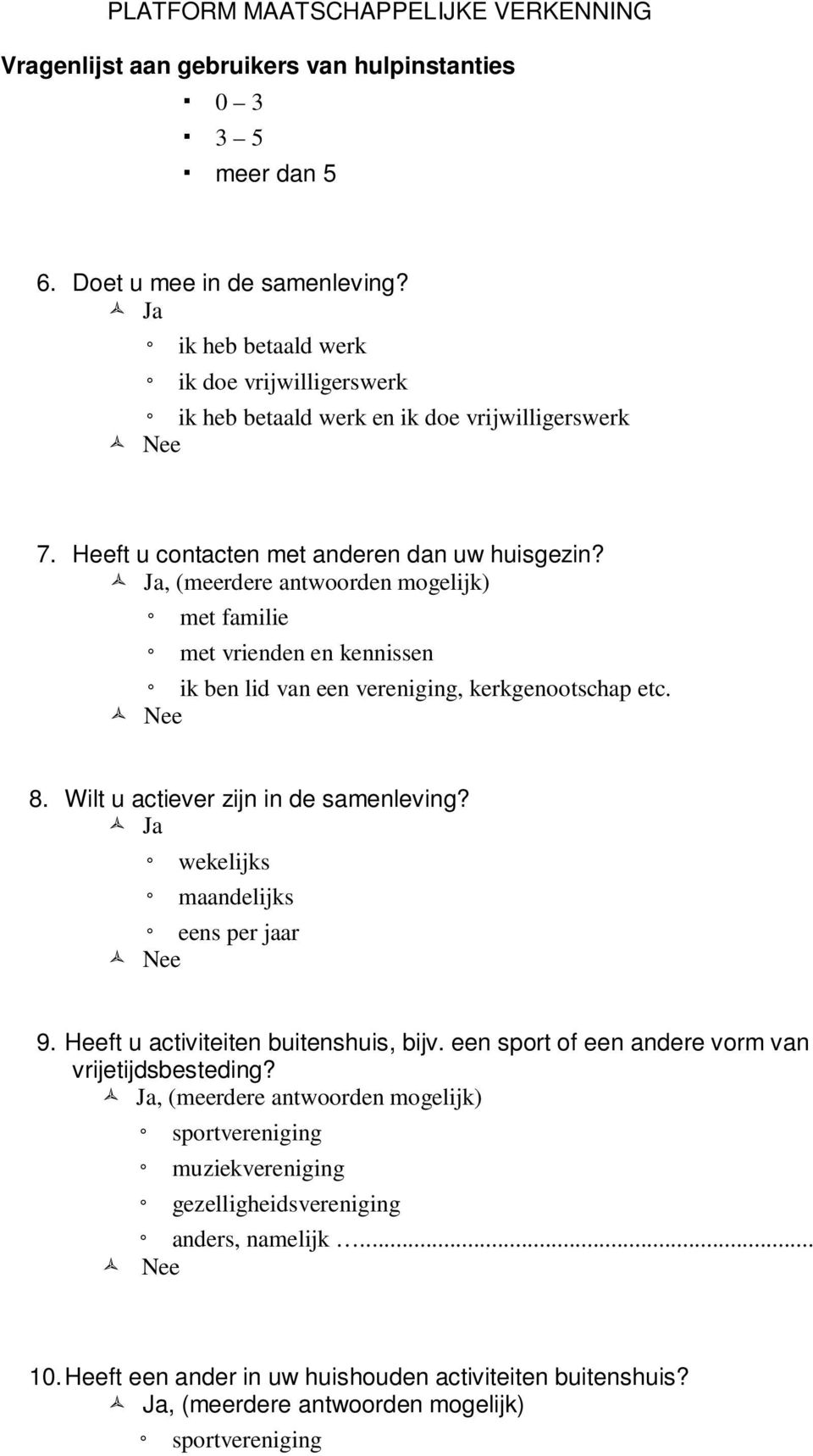 Ja, (meerdere antwoorden mogelijk) met familie met vrienden en kennissen ik ben lid van een vereniging, kerkgenootschap etc. Nee 8. Wilt u actiever zijn in de samenleving?