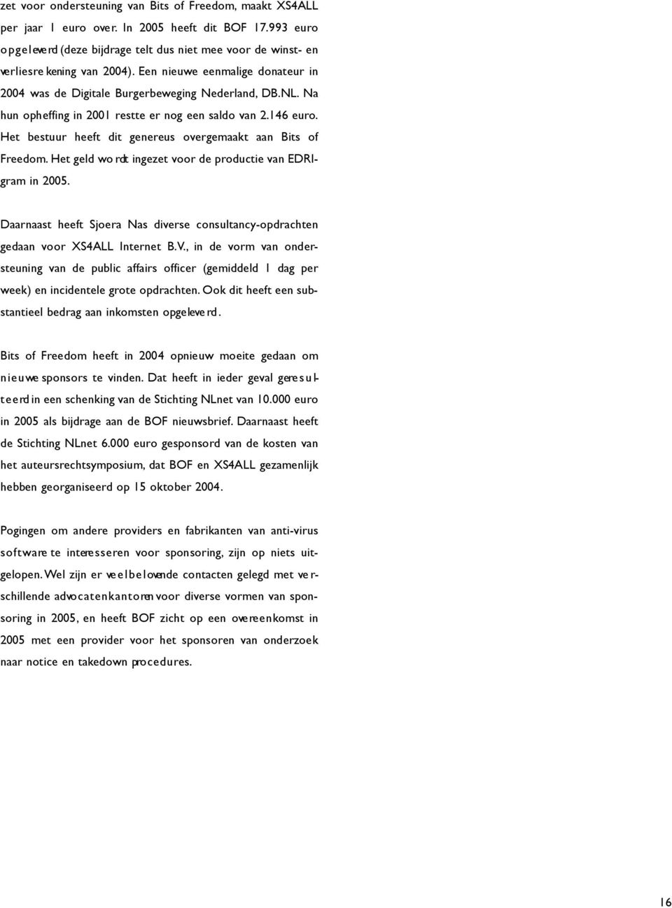 N a hun opheffing in 2001 restte er nog een saldo van 2.146 euro. Het bestuur heeft dit genereus overgemaakt aan Bits of F re e d o m. Het geld wo rdt ingezet voor de productie van EDRIgram in 2005.