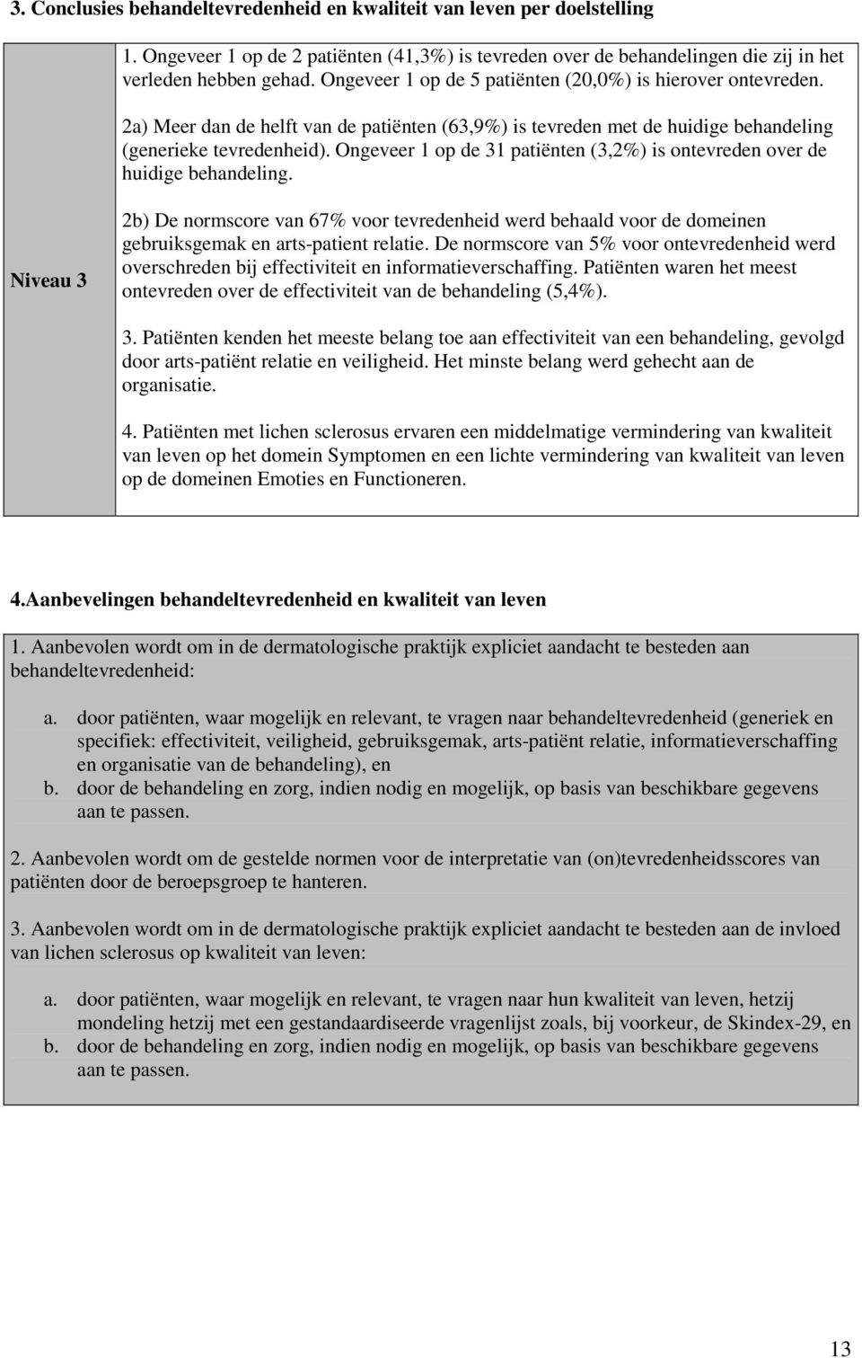 Ongeveer 1 op de 31 patiënten (3,2%) is ontevreden over de huidige behandeling. Niveau 3 2b) De normscore van 67% voor tevredenheid werd behaald voor de domeinen gebruiksgemak en arts-patient relatie.