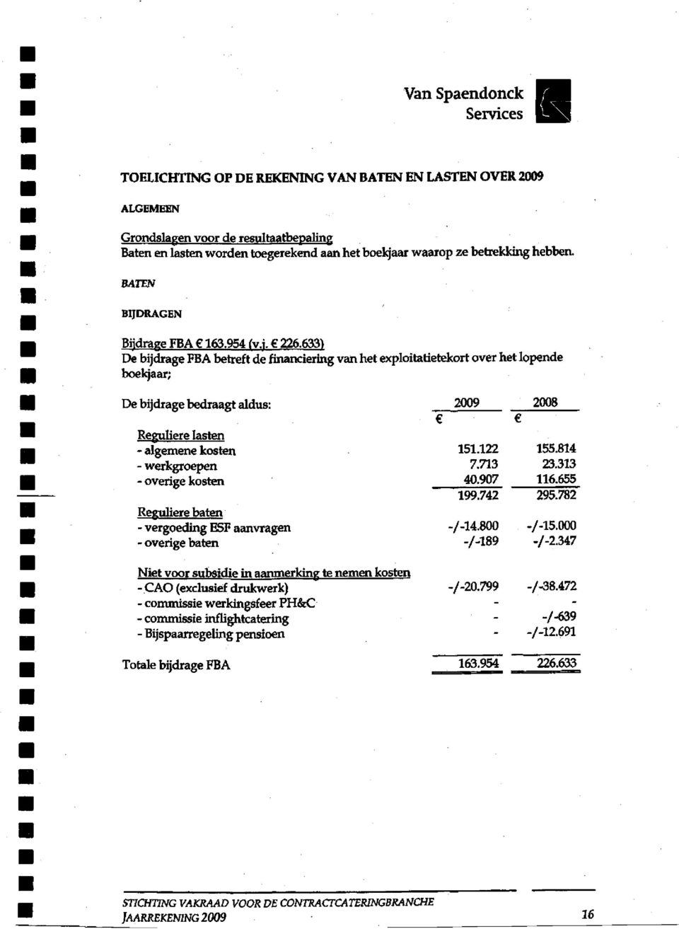 6331 De bijdrage FBA betreft de financiering van het exploitatietekort over het lopende boekjaar; De bijdrage bedraagt aldus: 2009 2008 Reguliere lasten - algemene kosten - werkgroepen - overige