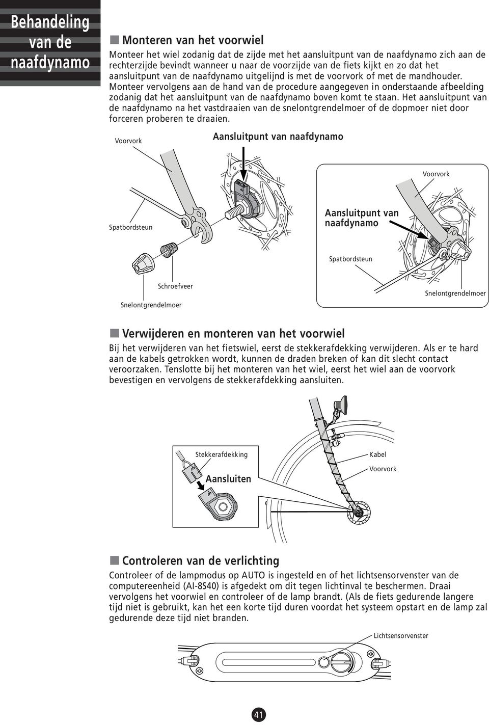 Monteer vervolgens aan de hand van de procedure aangegeven in onderstaande afbeelding zodanig dat het aansluitpunt van de naafdynamo boven komt te staan.