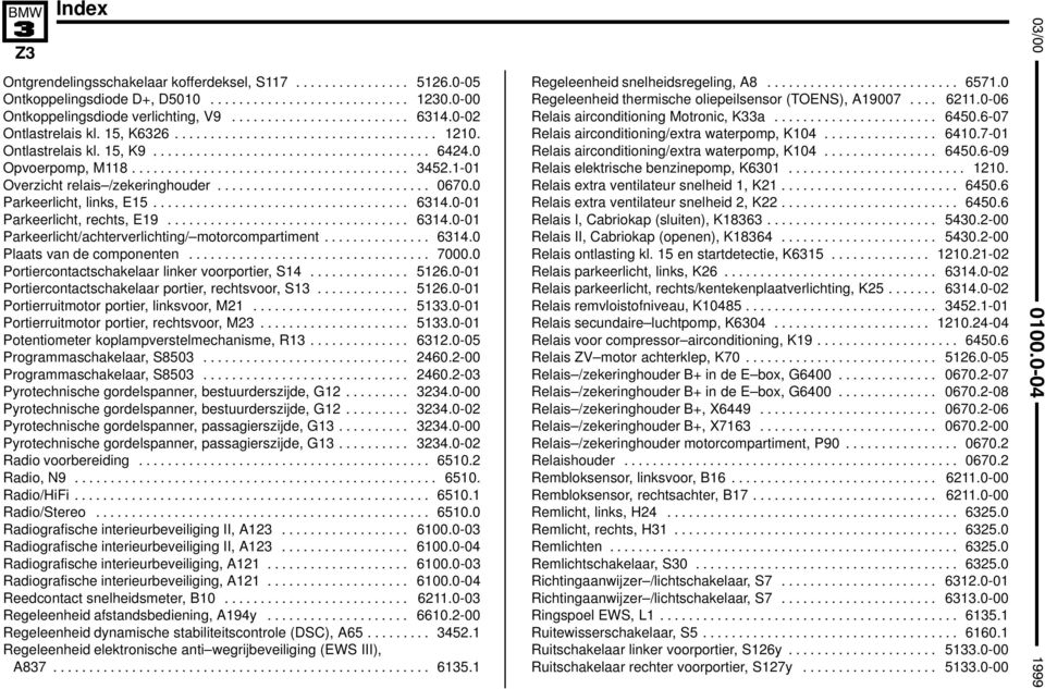 -0 Overzicht relais /zekeringhouder.............................. 0670.0 Parkeerlicht, links, E5.................................... 634.0-0 Parkeerlicht, rechts, E9.................................. 634.0-0 Parkeerlicht/achterverlichting/ motorcompartiment.