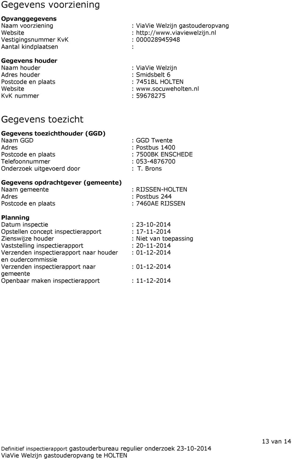 nl KvK nummer : 59678275 Gegevens toezicht Gegevens toezichthouder (GGD) Naam GGD : GGD Twente Adres : Postbus 1400 Postcode en plaats : 7500BK ENSCHEDE Telefoonnummer : 053-4876700 Onderzoek