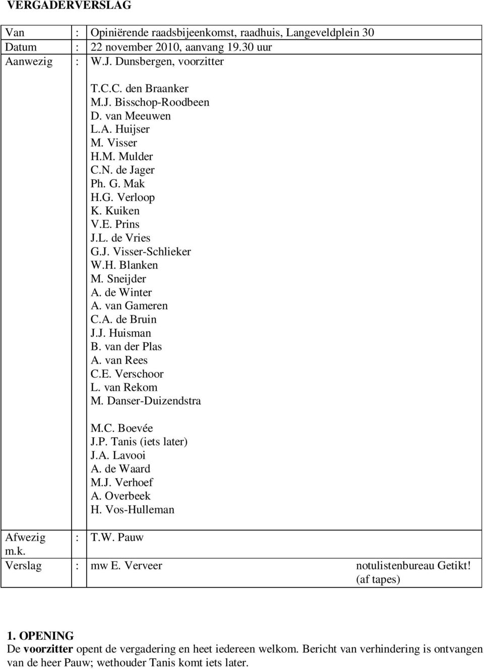 J. Huisman B. van der Plas A. van Rees C.E. Verschoor L. van Rekom M. Danser-Duizendstra M.C. Boevée J.P. Tanis (iets later) J.A. Lavooi A. de Waard M.J. Verhoef A. Overbeek H.