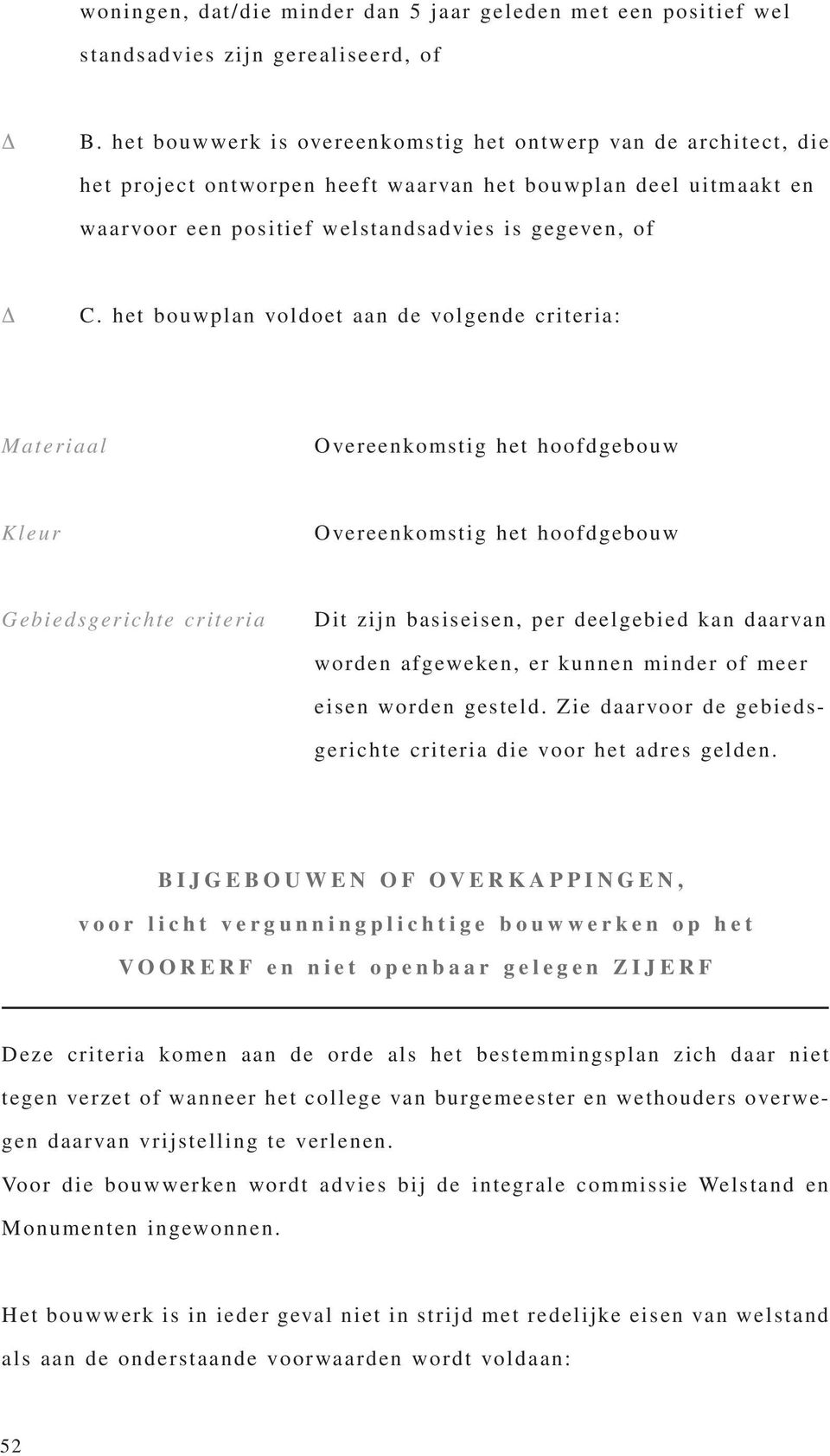 het bouwplan voldoet aan de volgende criteria: Materiaal Overeenkomstig het hoofdgebouw Kleur Overeenkomstig het hoofdgebouw Gebiedsgerichte criteria Dit zijn basiseisen, per deelgebied kan daarvan