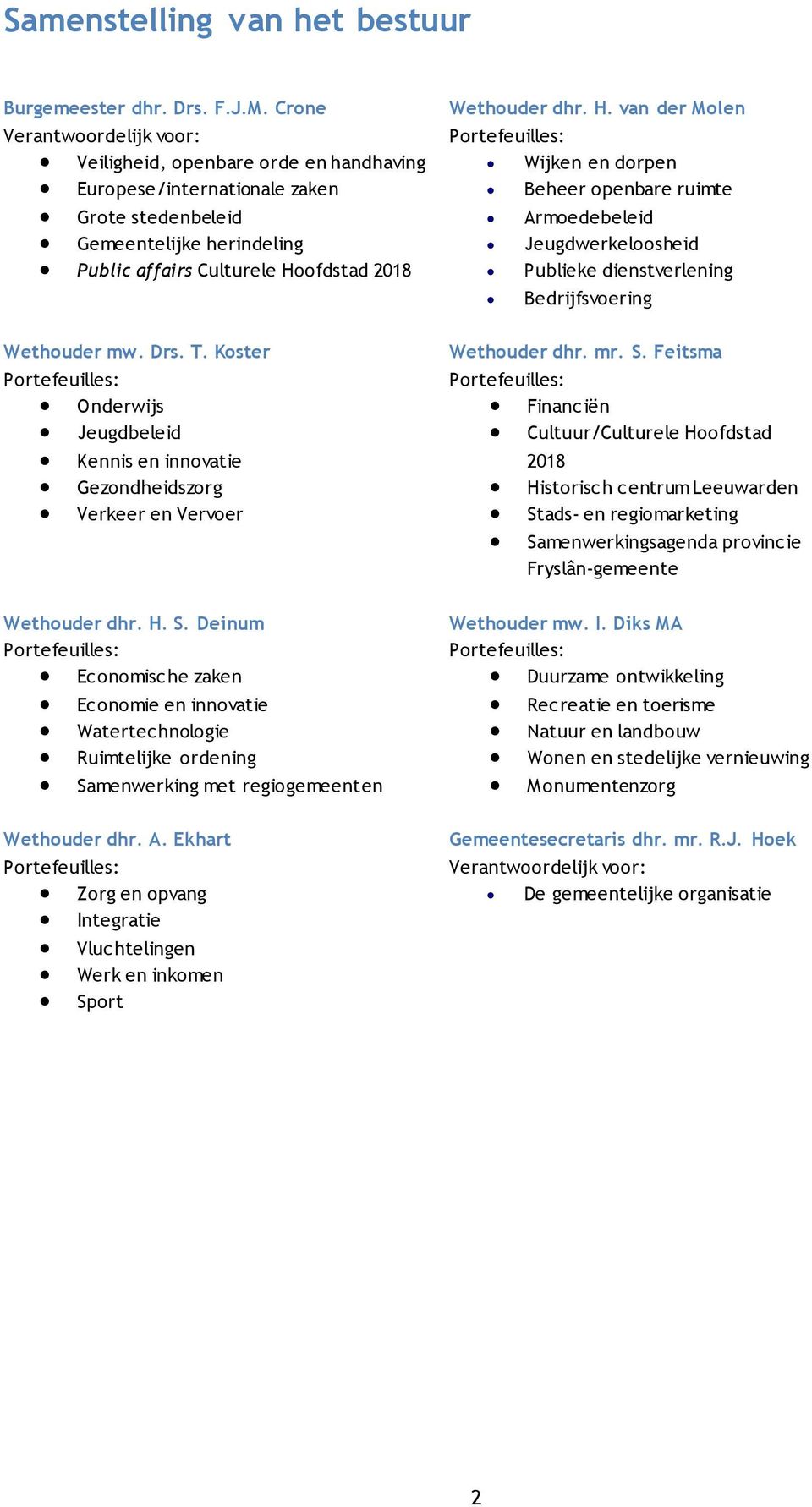 Drs. T. Koster Portefeuilles: Onderwijs Jeugdbeleid Kennis en innovatie Gezondheidszorg Verkeer en Vervoer Wethouder dhr. H. S.
