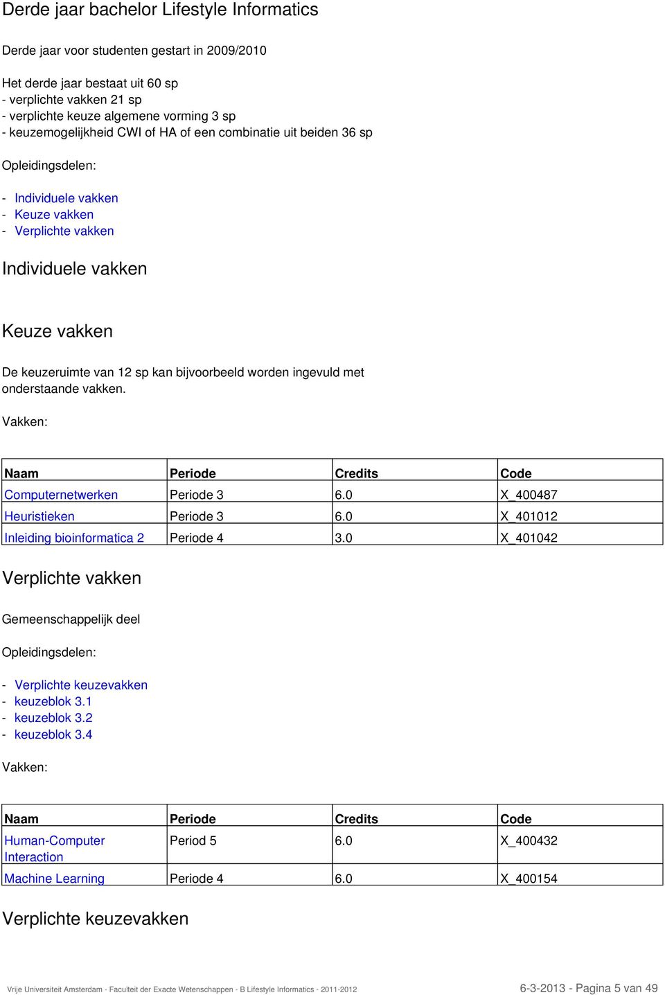 bijvoorbeeld worden ingevuld met onderstaande vakken. Vakken: Naam Periode Credits Code Computernetwerken Periode 3 6.0 X_400487 Heuristieken Periode 3 6.