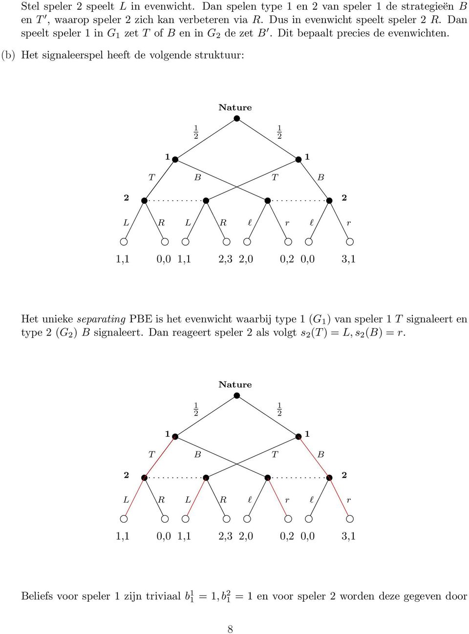 (b) Het signaleerspel heeft de volgende struktuur: Nature L R L R l r l r, 0,0,,3,0 0, 0,0 3, Het unieke separating PE is het evenwicht waarbij type (G )