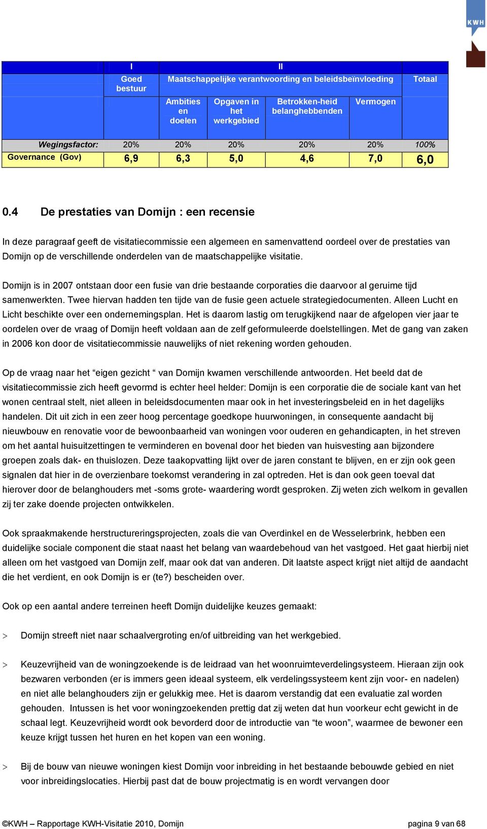 4 De prestaties van Domijn : een recensie In deze paragraaf geeft de visitatiecommissie een algemeen en samenvattend oordeel over de prestaties van Domijn op de verschillende onderdelen van de