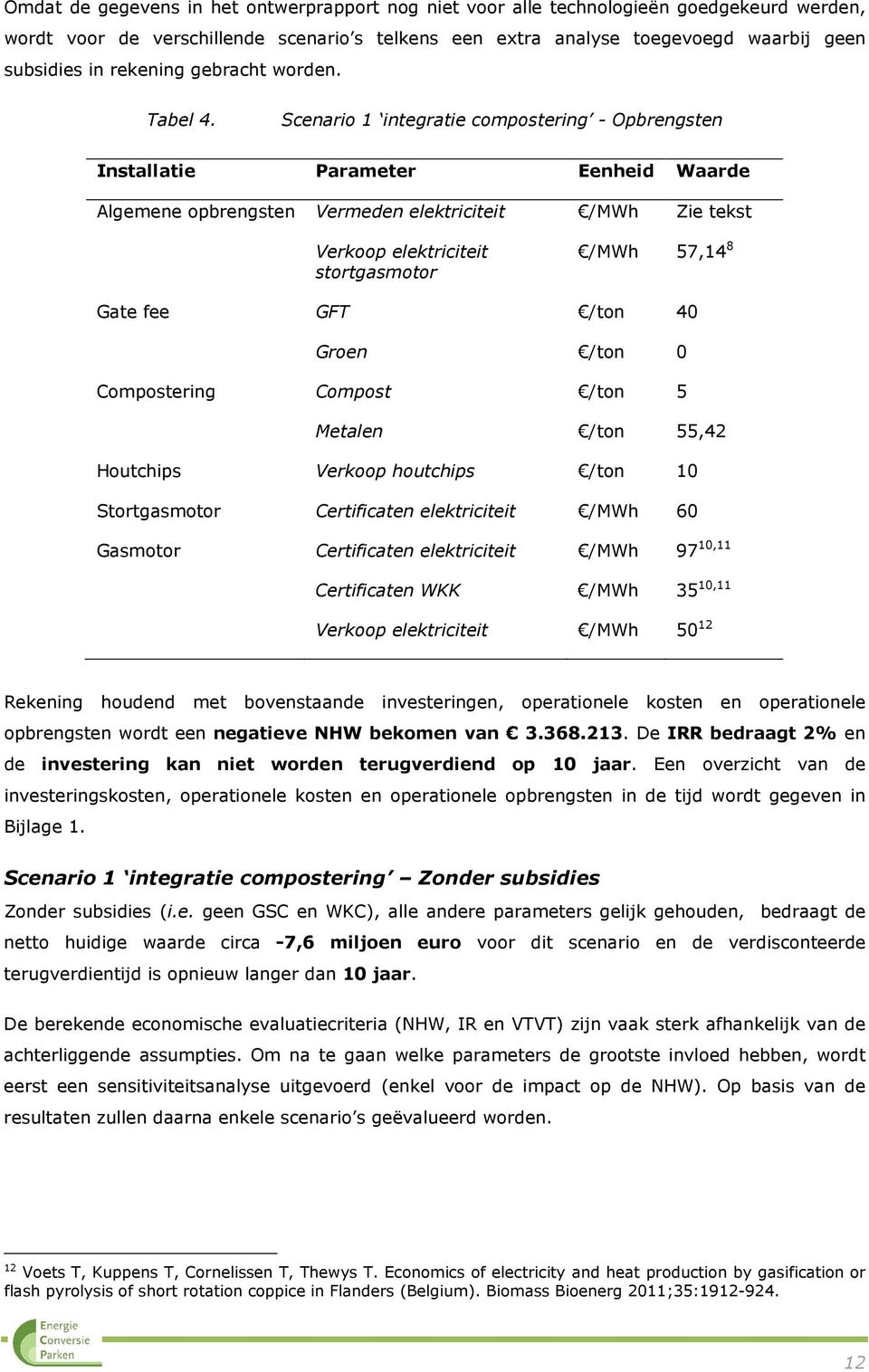 Scenario 1 integratie compostering - Opbrengsten Installatie Parameter Eenheid Waarde Algemene opbrengsten Vermeden elektriciteit /MWh Zie tekst Verkoop elektriciteit stortgasmotor /MWh 57,14 8 Gate