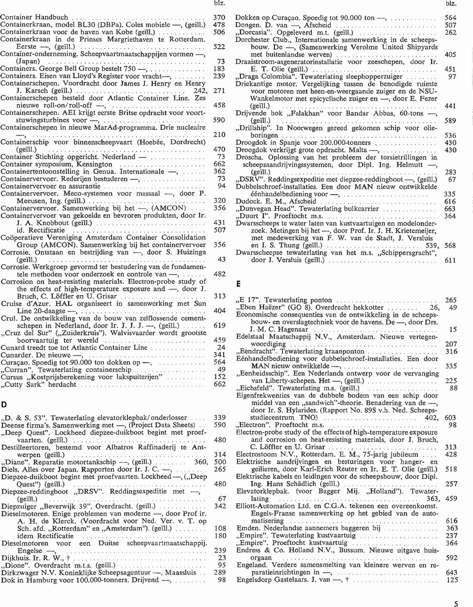Eisen van Lloyd s Register voor vracht,... 239 Containerschepen. V oordracht door James J. H enry en H enry J. K arsch (geïll.)... 242, 271 C ontainerschepen besteld door A tlantic Container Line.