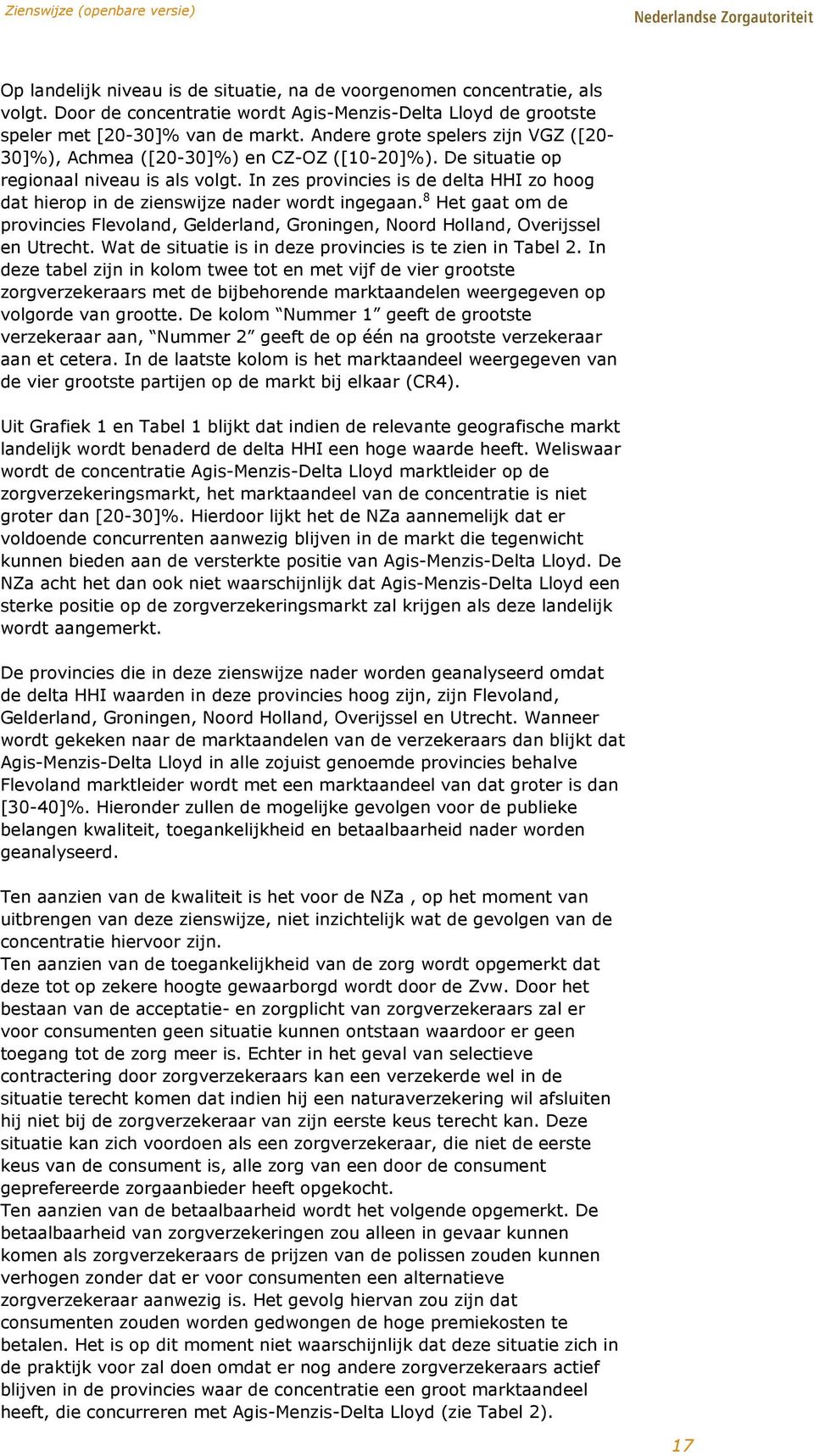 In zes provincies is de delta HHI zo hoog dat hierop in de zienswijze nader wordt ingegaan. 8 Het gaat om de provincies Flevoland, Gelderland, Groningen, Noord Holland, Overijssel en Utrecht.