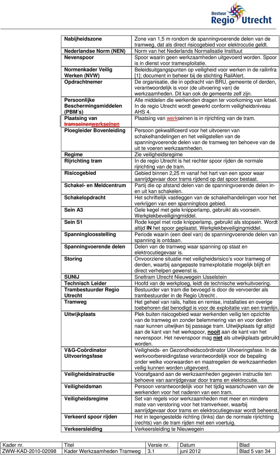 Tramweg Uitwijkplaats V&G-Coördinator Uitvoeringsfase Veiligheidsinstructie Veiligheidsman Veiligheidsregime Verkeerd spoor rijden Verkeersleiding Zone van 1,5 m rondom de spanningvoerende delen van