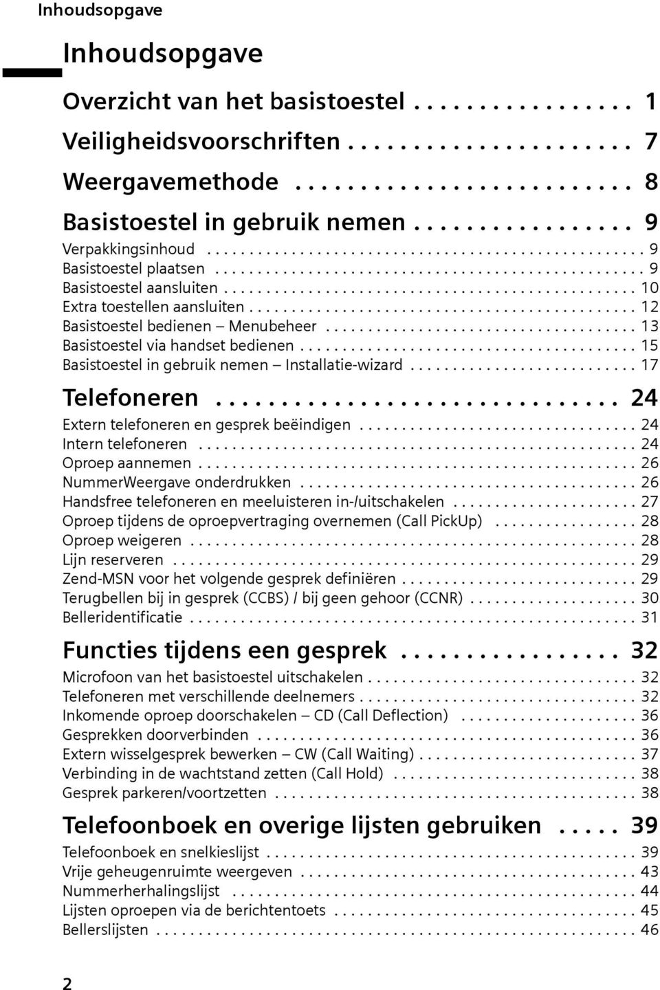 ................................................ 10 Extra toestellen aansluten.............................................. 12 Basstoestel bedenen Menubeheer..................................... 13 Basstoestel va handset bedenen.